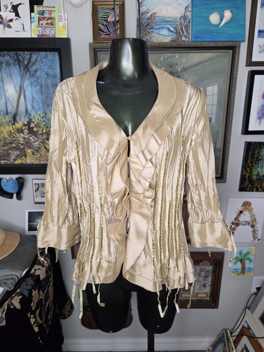 Vintage Gold Metallic Beaded Ruffle Blouse w/ Fringe Ren Faire Fairycore Small
